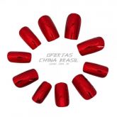 24 Unhas Cromadas Vermelha Gotas Transparentes + Cola Grátis