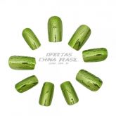 24 Unhas Cromadas Verde - Gotas Transparentes + Cola Grátis