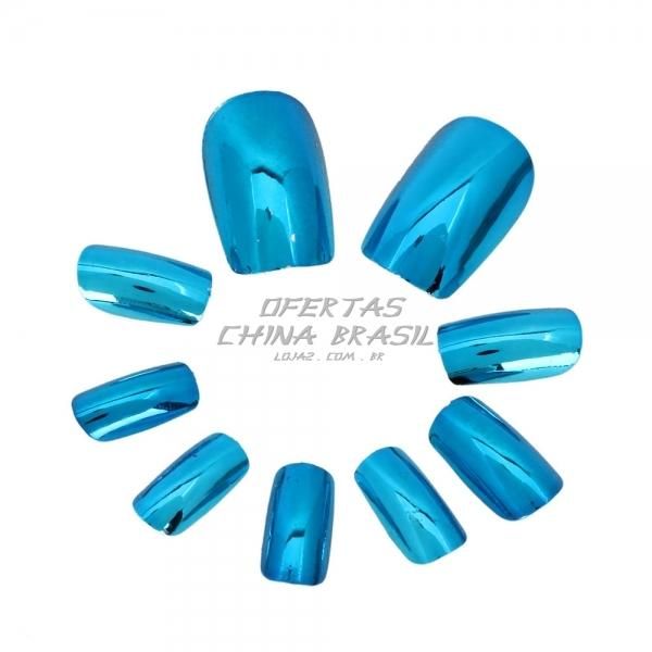 24 Unhas Cromadas Azul Celeste + Cola Grátis