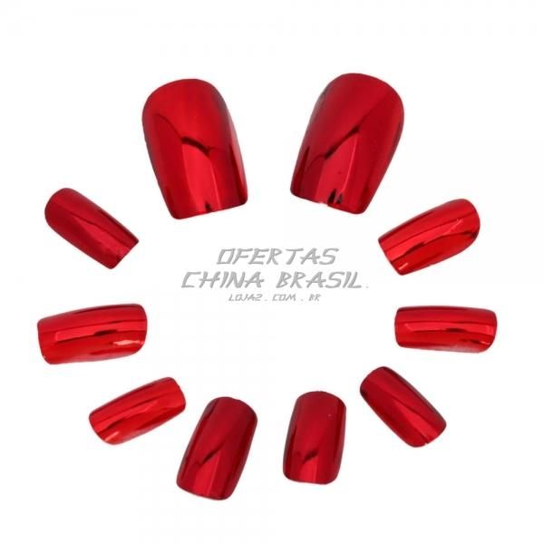 24 Unhas Cromadas Vermelhas + Cola Grátis