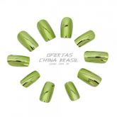 24 Unhas Cromadas Verde + Cola Grátis