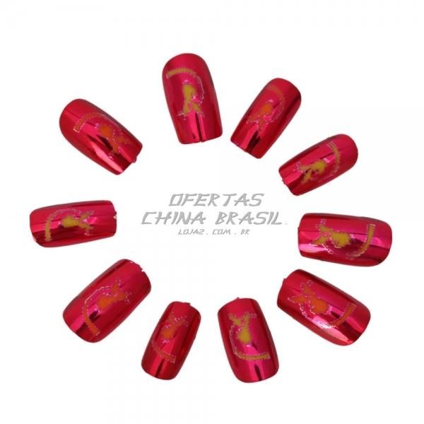24 Unhas Cromadas Rosa - Coelhinho Playboy + Cola Grátis