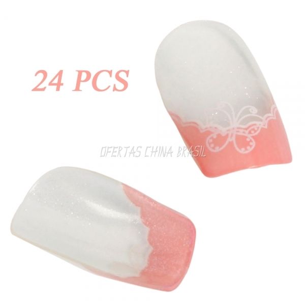 24 Unhas Postiças Borboleta + Cola Grátis