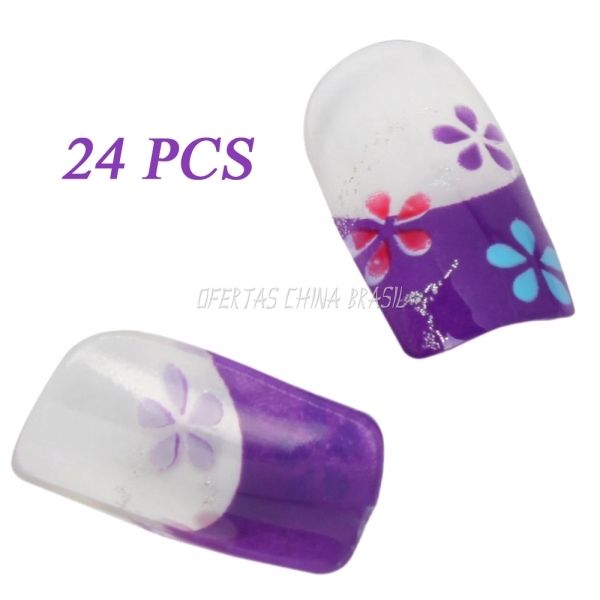 24 Unhas Postiças Branco/Roxo c/ Flores + Cola Grátis