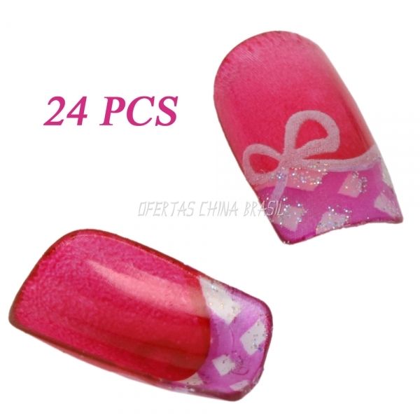 24 Unhas Postiças Rosa c/Laço + Cola Grátis