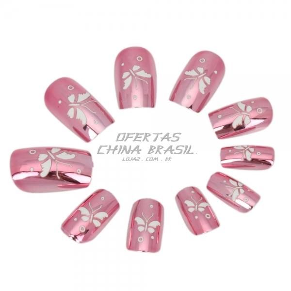 24 Unhas Postiças Cromadas Púrpura - Borboleta + Cola Grátis
